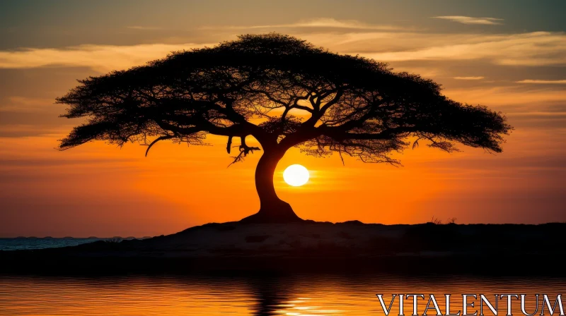 Majestic Tree Silhouetted Against Setting Sun AI Image