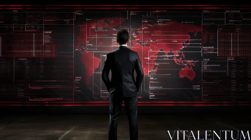 Powerful Man Analyzing World Map on Large Screen AI Image