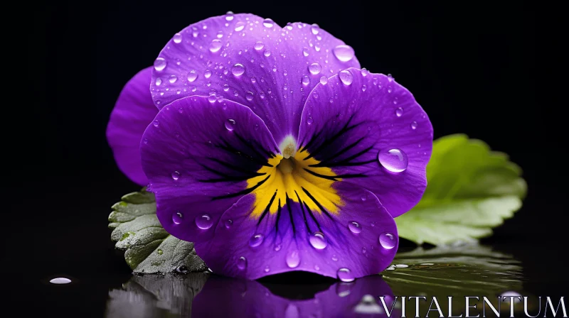 Purple Pansy Flower With Rain Droplets - Matte Photo in Velvia Style AI Image