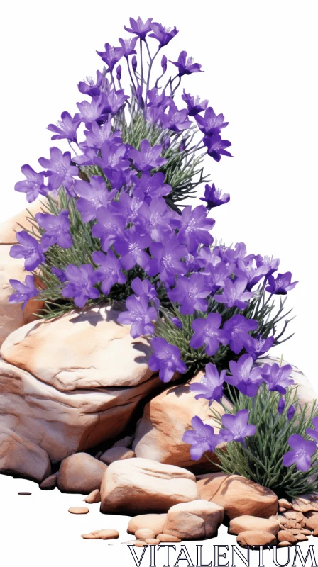 Realistic Render of Purple Flowers on Rocks AI Image