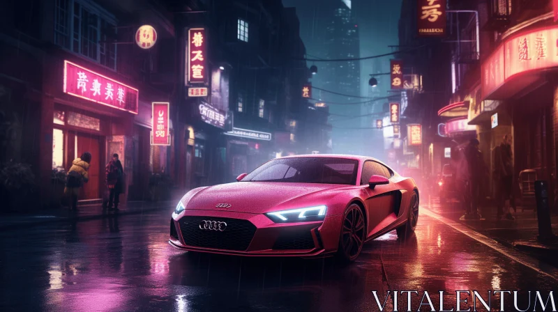 Red Audi Sports Car Driving on City Street at Night - Hyper-Realistic Animal Illustrations AI Image