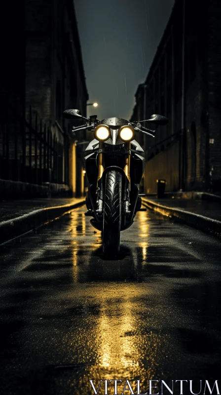 Black Motorcycle on Rainy Street | Dramatic Lighting | Urban Transport AI Image