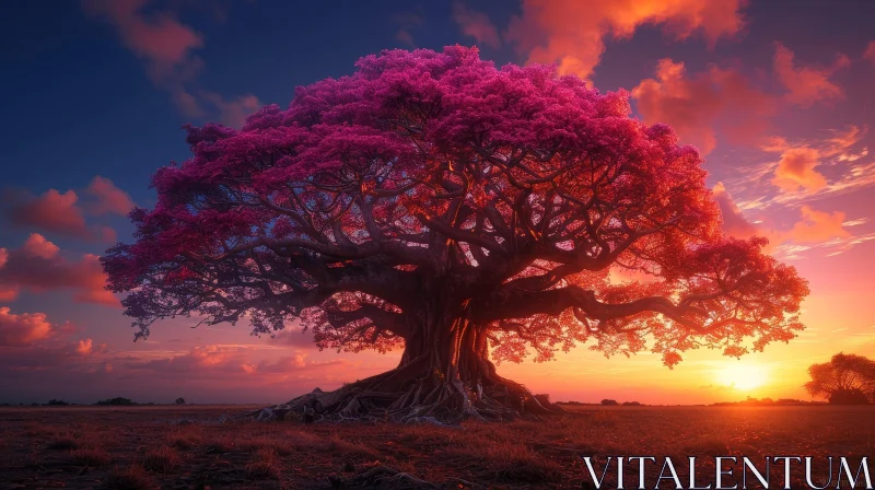 AI ART Majestic Tree with Pink Flowers at Sunset