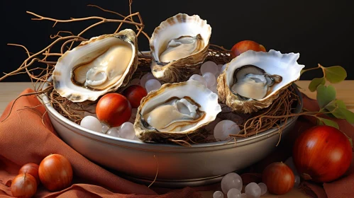 Metal Bowl of Oysters on Wooden Table