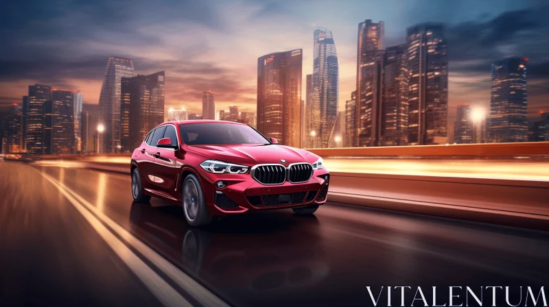 New 2019 BMW X4 Driving on City Street at Dusk - Realistic Still Life with Dramatic Lighting AI Image