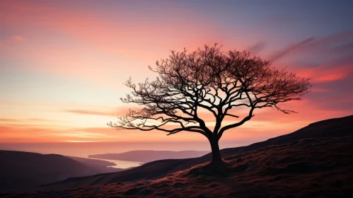 Tranquil Sunset in the Mountains with Tree Silhouette