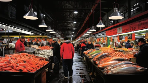 Vibrant Street Market Scene with Seafood Stalls