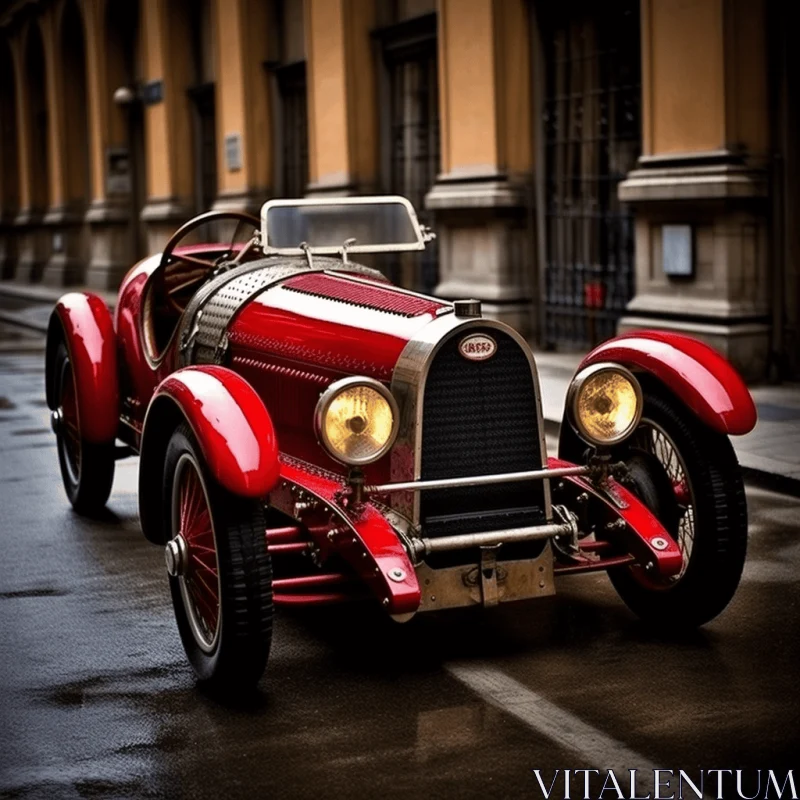 Vintage Red Antique Car on Wet Street | Bold and Graceful Mechanical Designs AI Image