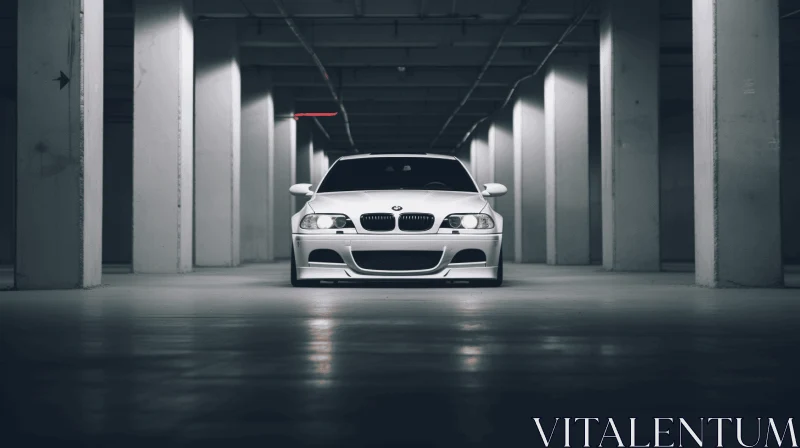 White BMW Car in a Dark Building with Strong Facial Expression AI Image