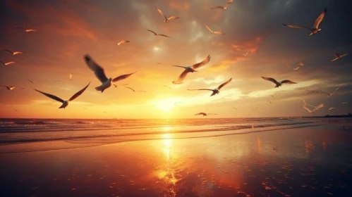 Breathtaking Sunset Over the Ocean - Seagulls and Vibrant Colors