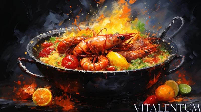 Delicious Paella Painting with Seafood and Vegetables AI Image