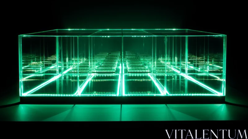 AI ART Green Neon Light Installation: Abstract Glass Cube Art