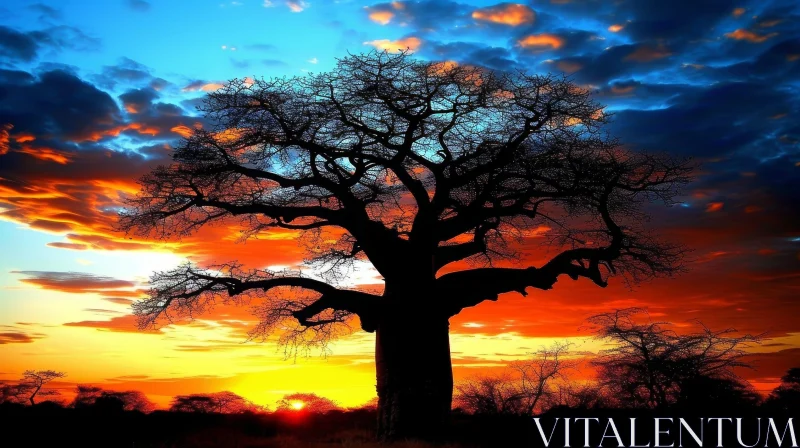 Baobab Tree Silhouetted Sunset in Grassy Field AI Image