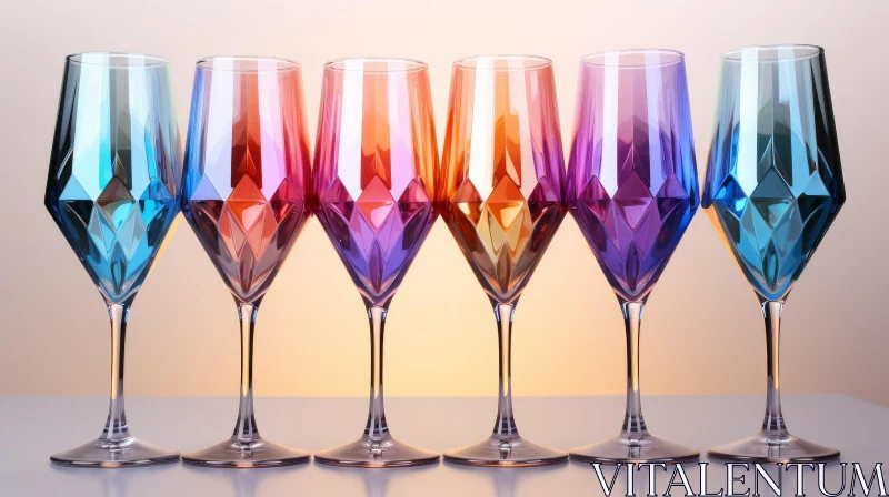Colorful Wine Glasses with Diamond Pattern on White Surface AI Image