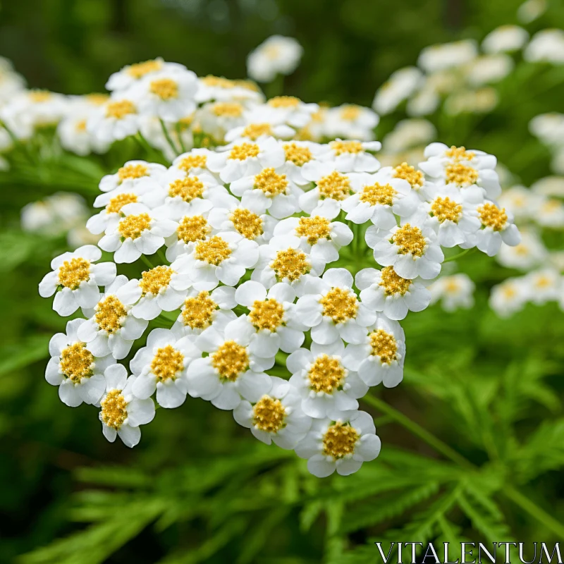 Exquisite Cluster of White and Yellow Flowers Amidst Detailed Green Foliage AI Image