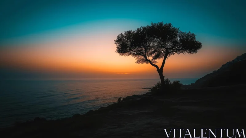 Solitary Tree on Rocky Seashore at Sunset AI Image