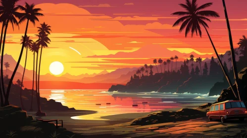Tranquil Beach Sunset Landscape Illustration