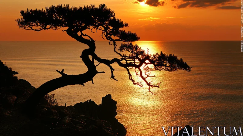 Tranquil Tree Silhouette at Sunset over Calm Sea AI Image