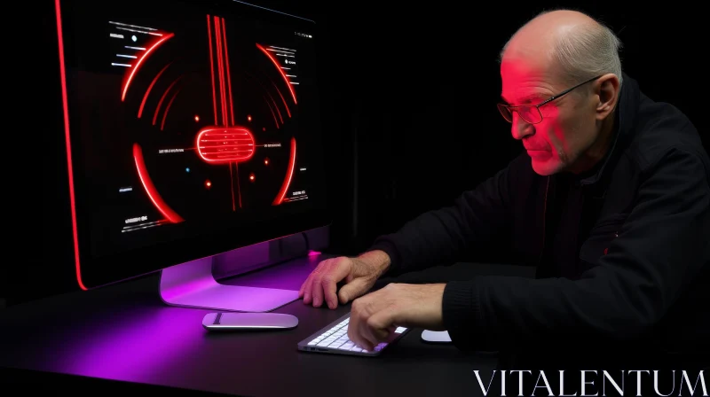 AI ART Elderly Man Working on Computer in Dark Room
