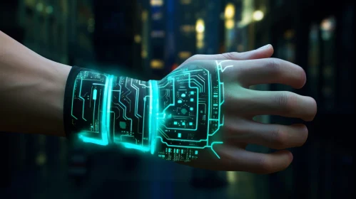 Futuristic Cyberpunk Hand with Green Circuit Board Pattern