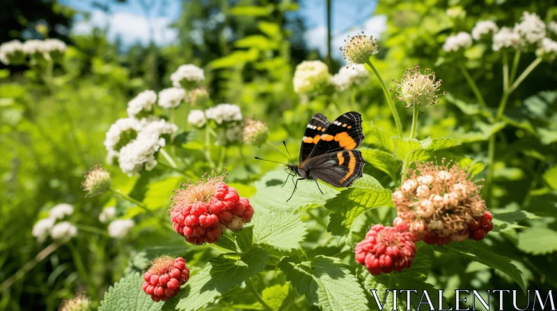 Butterfly on Black Raspberry Flowers - Colorful Garden Landscape AI Image