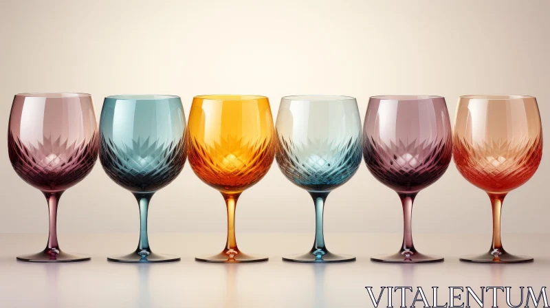 Colorful Cut Crystal Wine Glasses on Beige Background AI Image