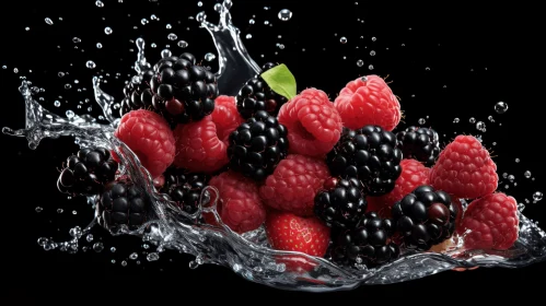 Captivating Water Splash with Black Raspberries on Black Background