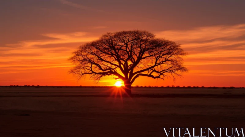 Eerie Sunset: Alone Tree in Barren Plain AI Image