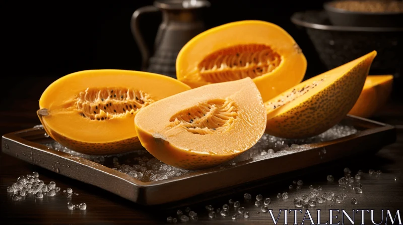 AI ART Sliced Melon on a Black Plate: A Captivating Composition of Golden Hues