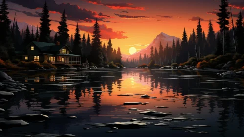 Tranquil Sunset Lake Landscape with Mountains and Cabin