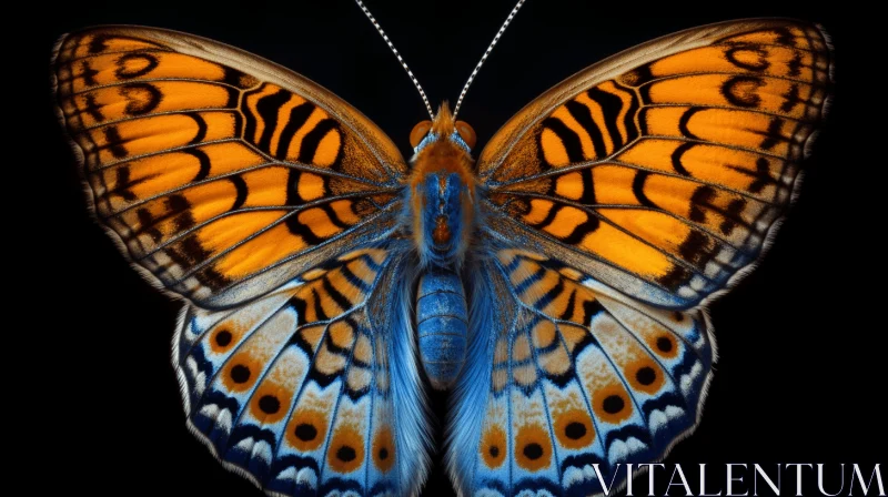 Blue and Orange Butterfly Against a Black Background AI Image