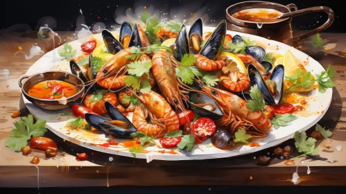 Delicious Seafood Still Life on Wooden Table
