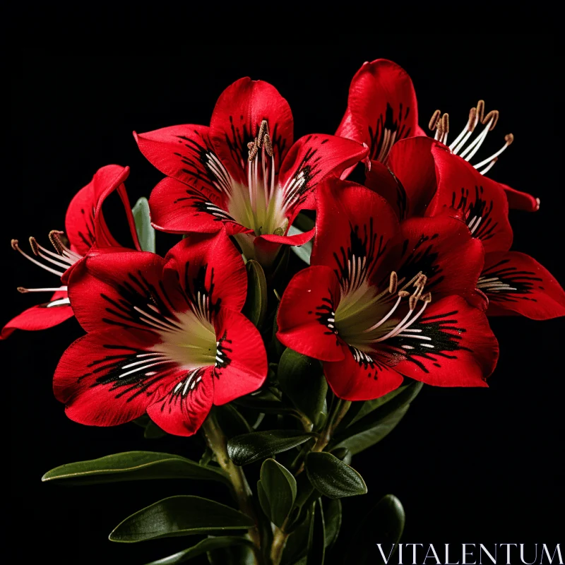 Exotic Red Flowers on Black Background: A Study in Realism and Symmetry AI Image
