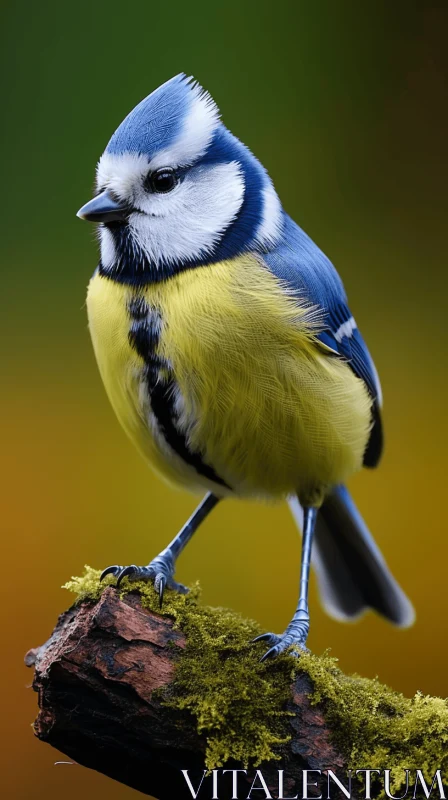 Colorful Bird on Wooden Perch Amidst Yellow and Blue Backdrop AI Image