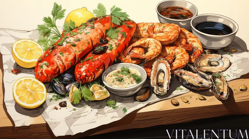 AI ART Delicious Seafood Display on Wooden Table