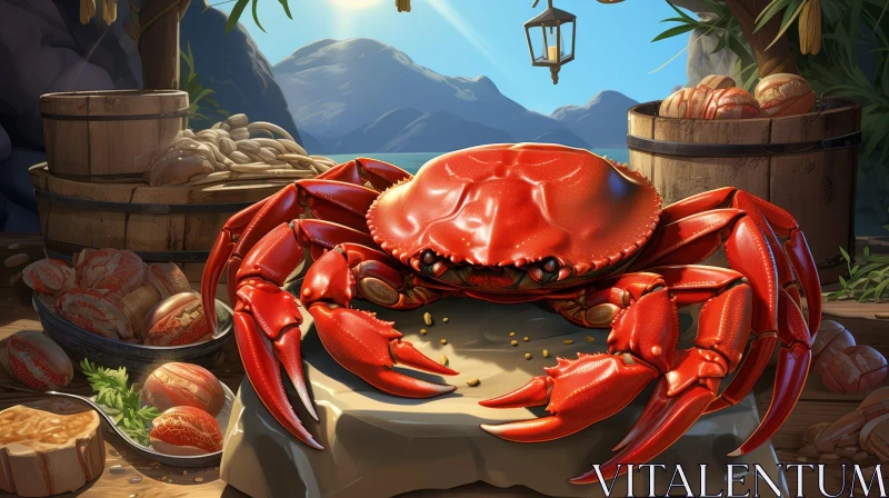 Red Crab Digital Painting on Table with Seascape Background AI Image