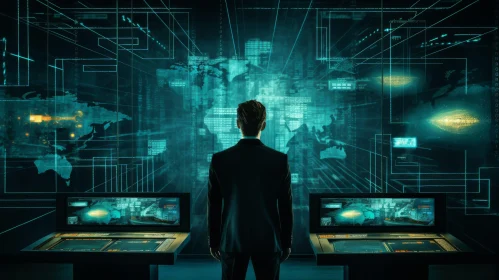 Serious Man in Black Suit with World Map Screen