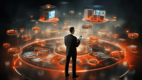 Futuristic Businessman in Control Room with Data