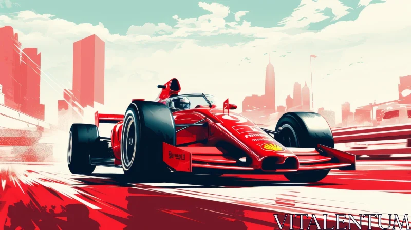 Red Formula 1 Car Racing in Urban Setting AI Image
