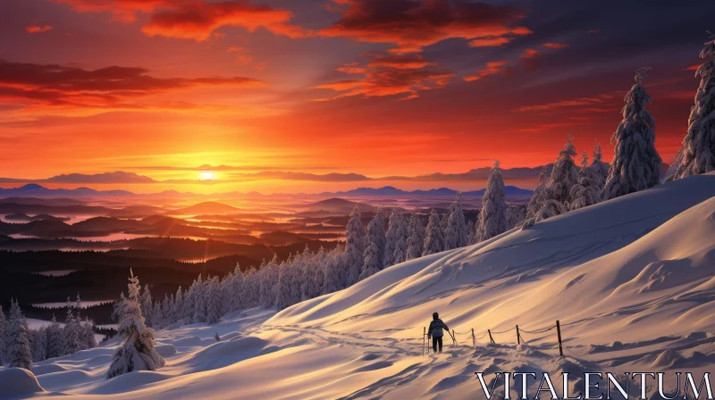 Winter Sunset in Snowy Mountains with Skier AI Image