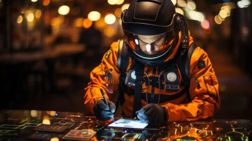 Young Male Astronaut Working on Futuristic Computer