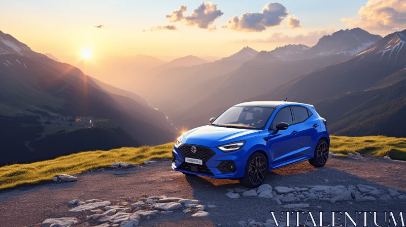 Blue Renault Cross Parked in Mountains | Exquisite Craftsmanship AI Image