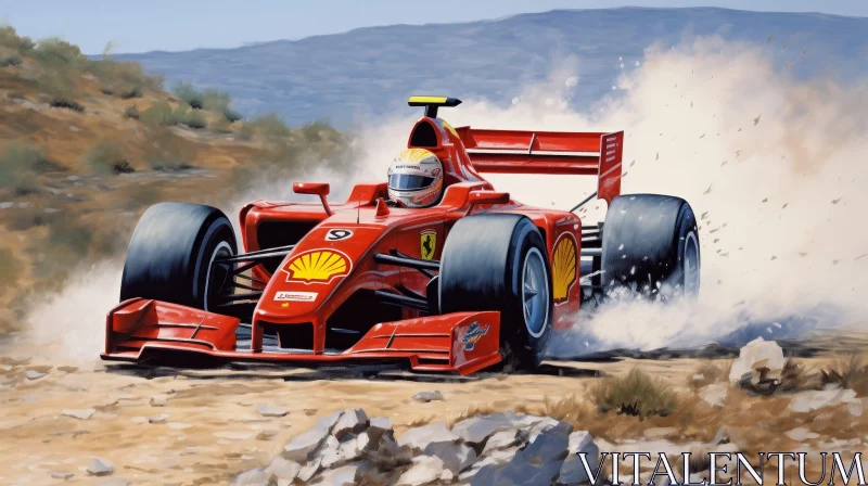 Red Formula 1 Racing Car on Dusty Road AI Image