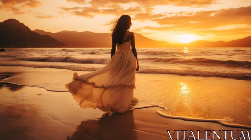 Golden Sunset: Woman in White Dress on Beach AI Image
