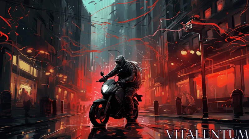 Motorcycle Man on Dark Urban Street: Vibrant Illustrations in Red and Cyan AI Image