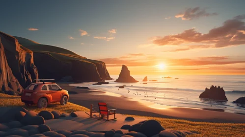 Red Car on Cliff Overlooking Ocean at Sunset