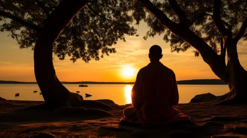 Serene Monk Meditation by Lake at Sunset