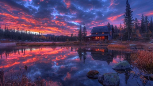 Tranquil Sunset at Lake Cabin: A Captivating View