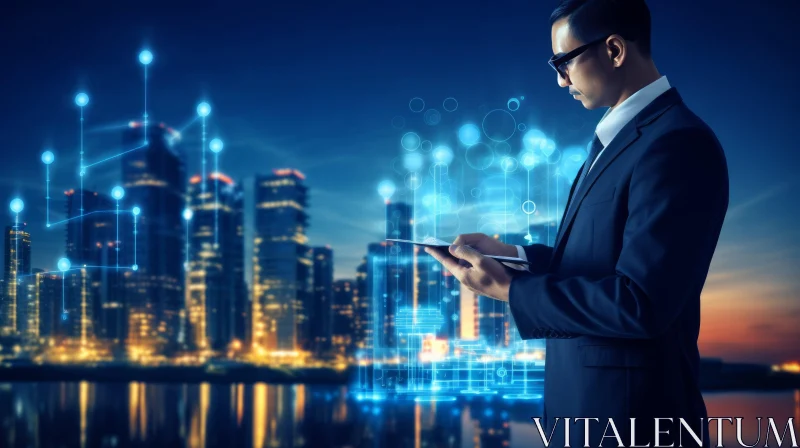 Businessman with Futuristic Tablet in Night Cityscape AI Image