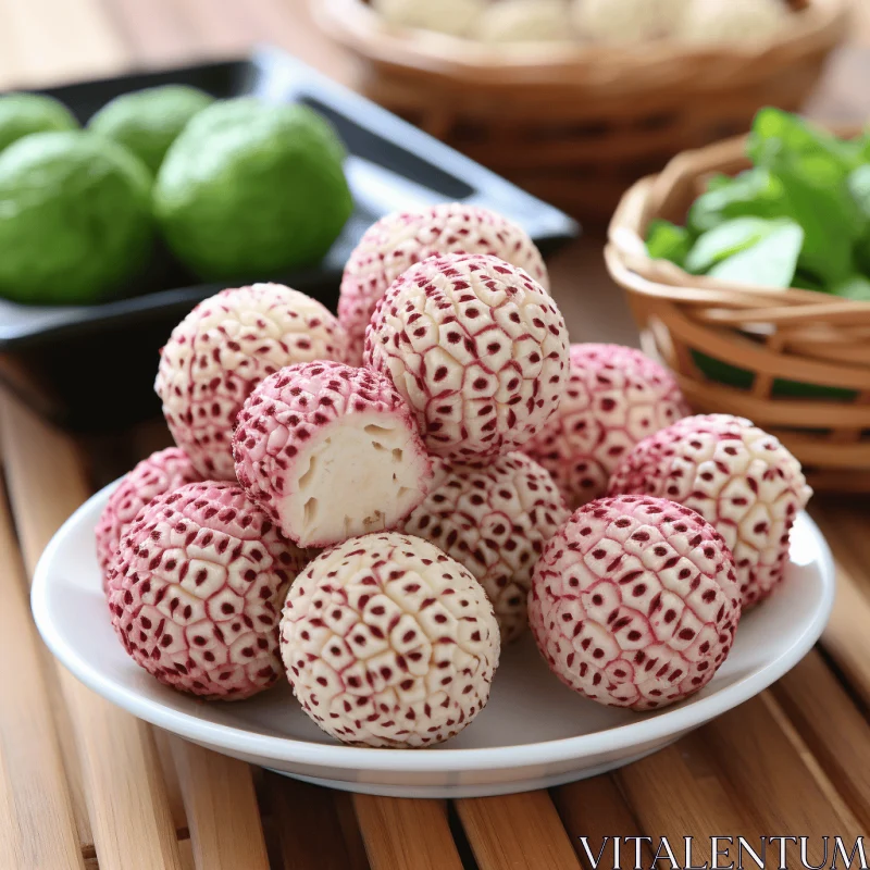 Delicious Lychee Plate with Intricate Thai Art AI Image